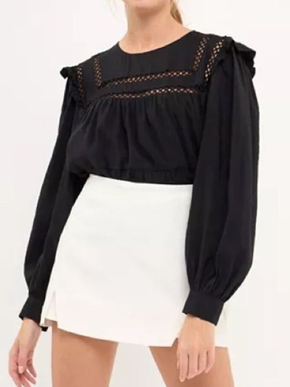 English Factory Ruffled Lace Insert Crochet Black Flowy Puff Sleeve Blouse
